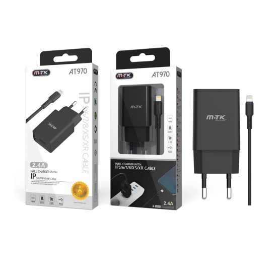 ADAPTADOR DE CARREGAMENTO COM IPHONE CABO 2.4A MTK PRETO